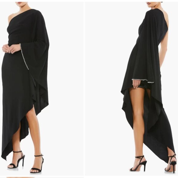 MAC DUGGAL 11247 ONE SHOULDER ASYMMETRICAL HEM FLOWEY BLACK MIDI DRESS sz 2 - Picture 6 of 6